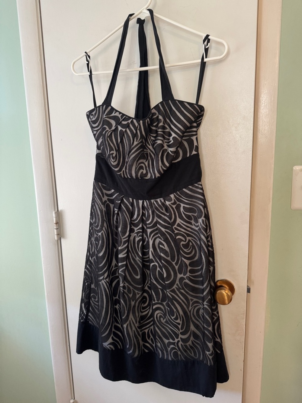 White House Black Market Black and Gray Swirl Halter Midi Dress with Waistband